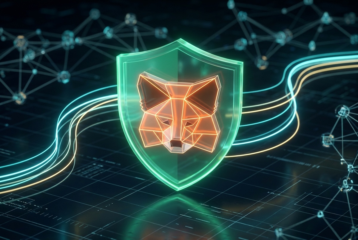 A sleek glowing neon orange 3D polygonal MetaMask fox logo inside a translucent green shield, floats over a dark grid floor. This image represents the MetaMask Web3 Wallet. Generated on Gemini