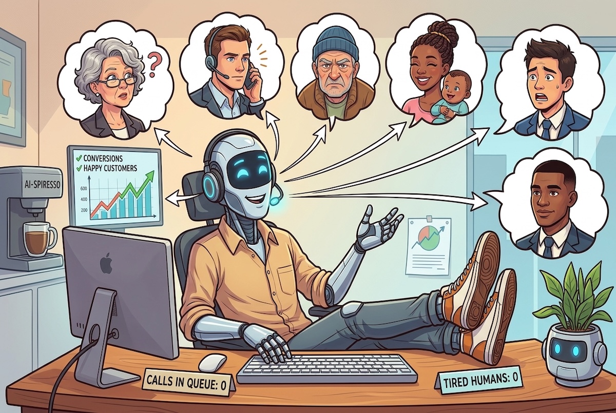 An AI Voice Agent at a desk speaking with clients. Generated on Gemini