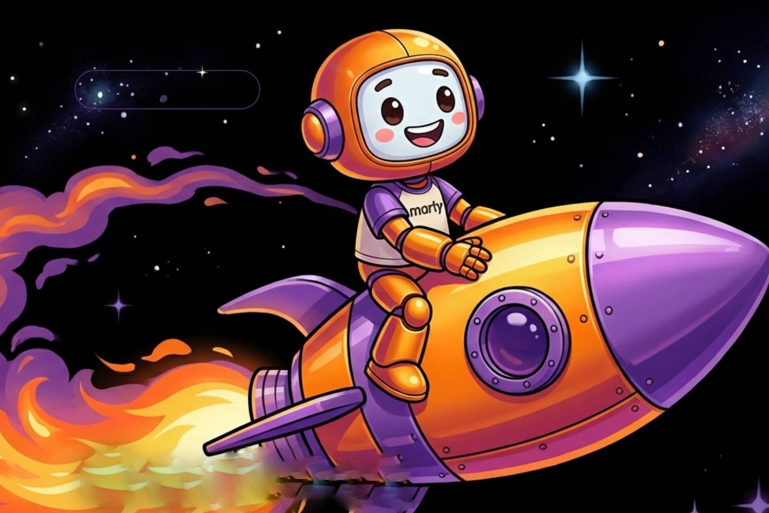 A Markty AI Agent on a rocket in space