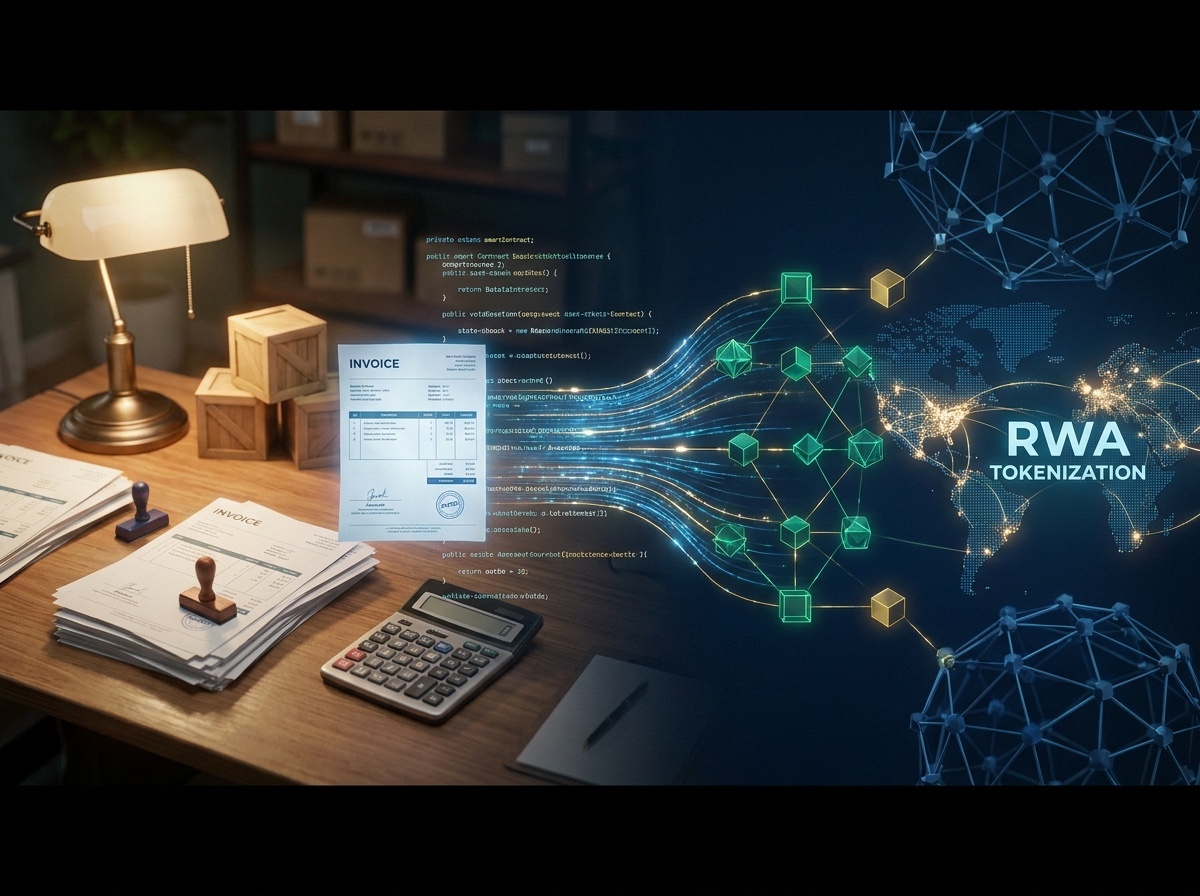 An image showing a professional infographic banner split diagonally. The left side shows a traditional SME factory desk with paper invoices and shipping crates. The right side shows a dark digital interface with a glowing blockchain network overlaying a global map. A stream of pixelated data bridges the two sides, illustrating the transformation of physical assets into on-chain digital tokens and global liquidity. Created on Markty.ai