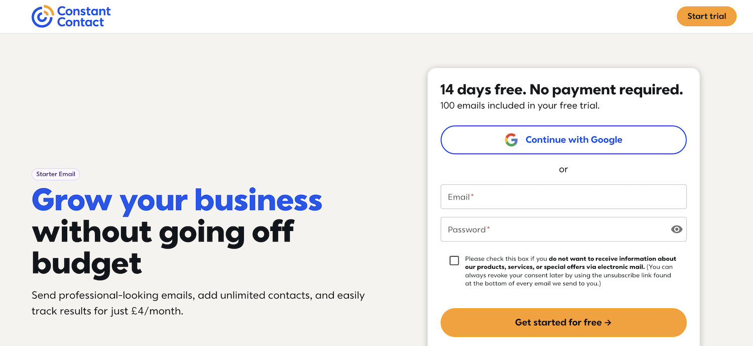 Constant Contact homepage - 14 days free, no payment required