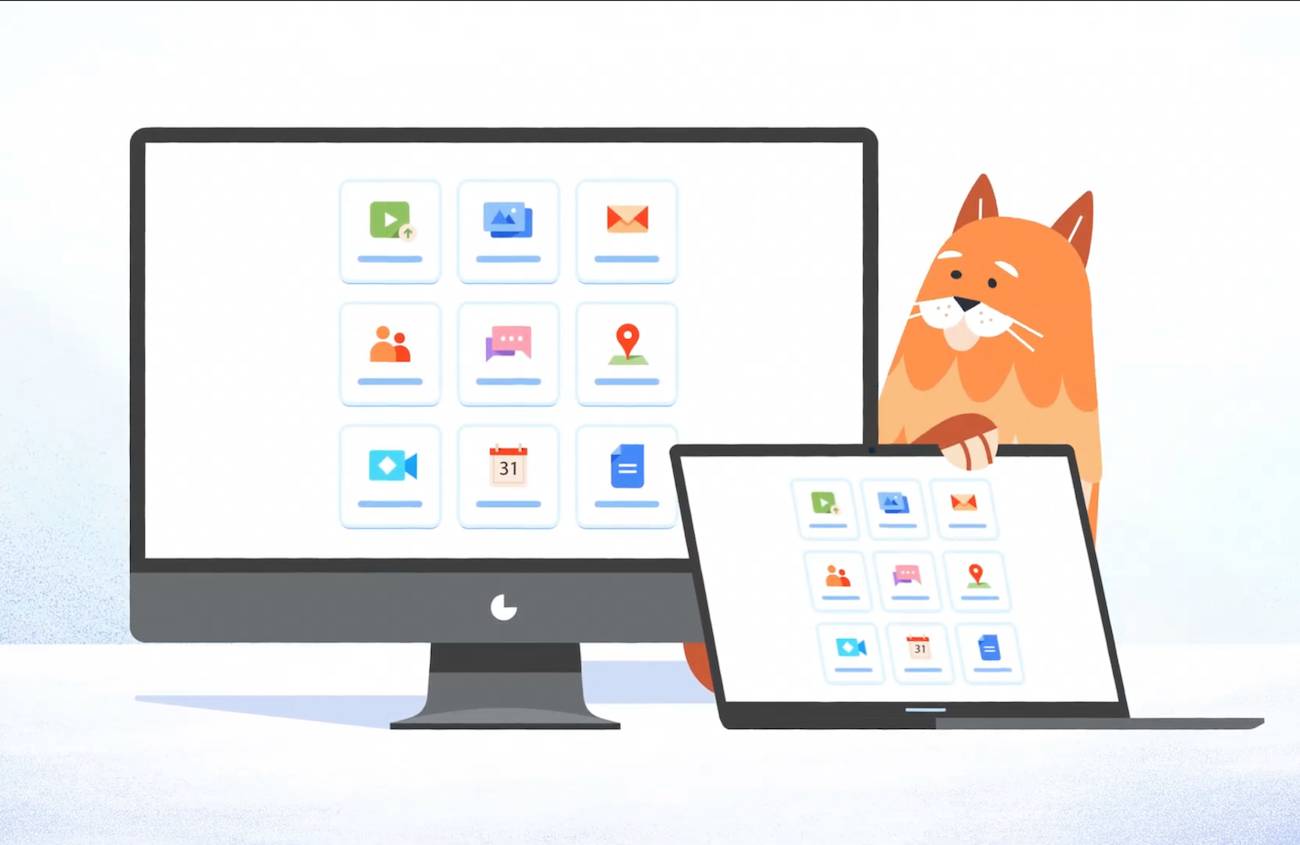 The Web Catalog product on two desktops viewed by an animated ginger cat